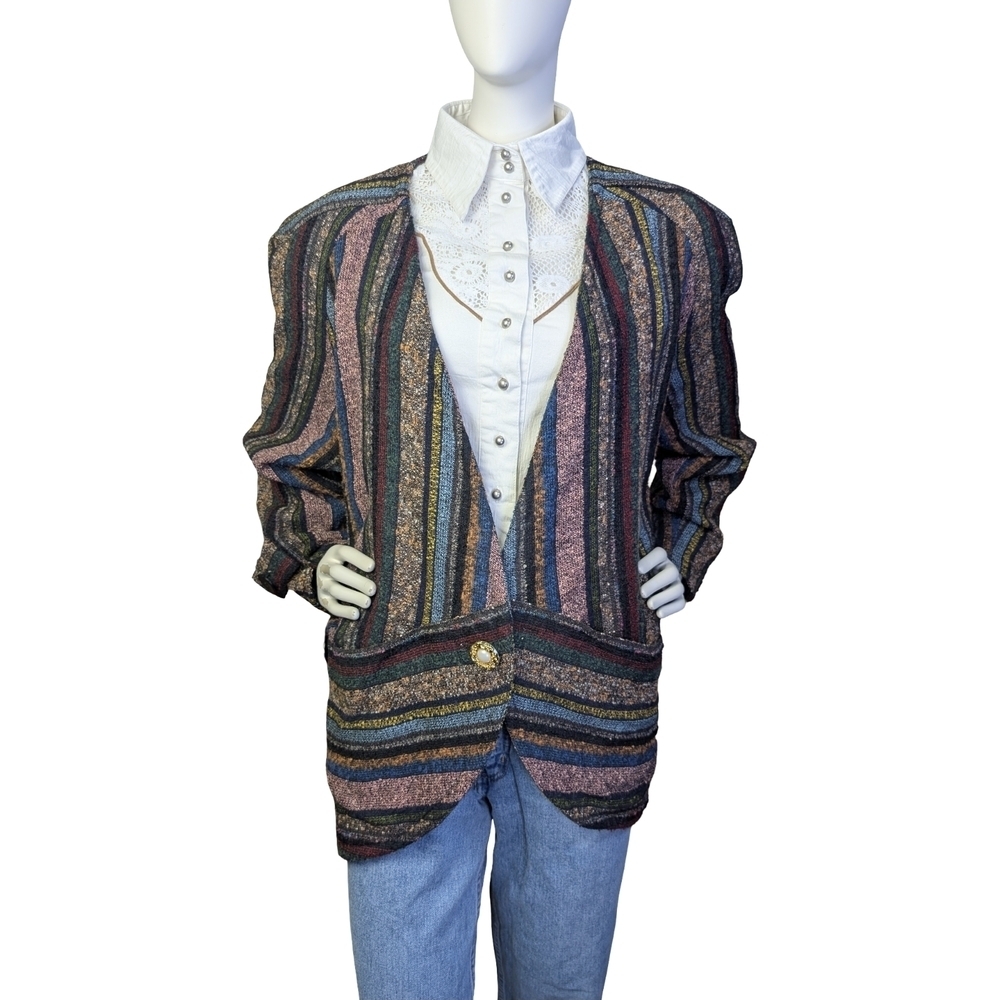 Joveil Vintage 80s Multicolor Woven Stripe Artsy Blazer Large Avant Garde